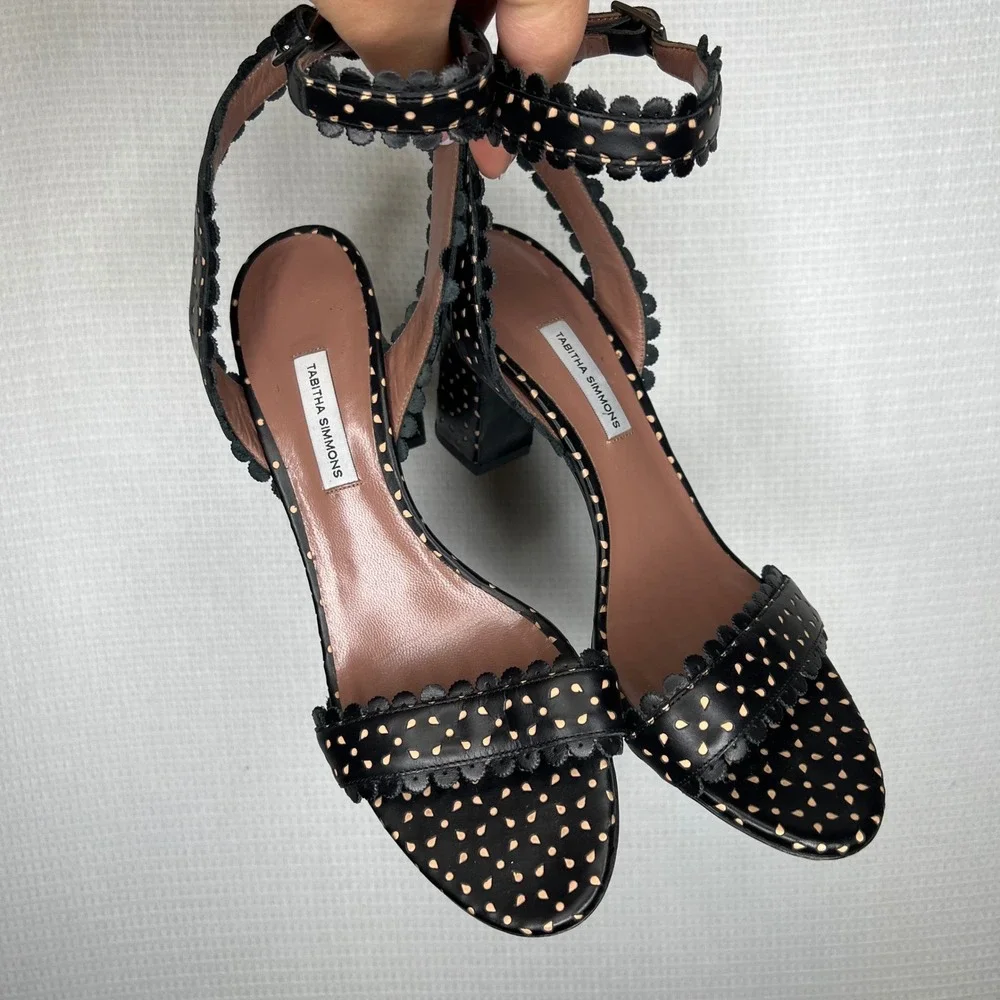 Tabitha Simmons Black Polka Dot‎ Leather Block Heel Sandals Scalloped Strap